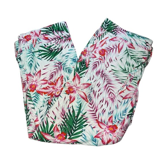 Per Se Linen Blend Floral Tropical Print Elastic Waist Casual Pants Sz Large Whi - Picture 1 of 7